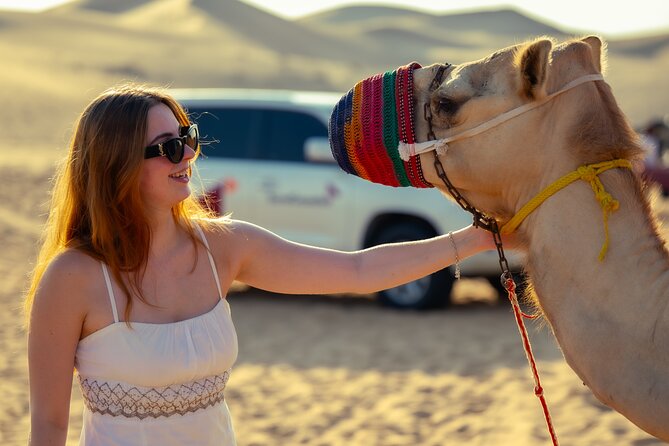 Abu Dhabi Evening Desert Safari - Private car Dune bashing & BBQ - Camel rides, henna, falcon photos, and Arabic dress