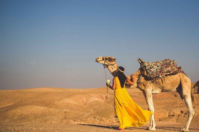 Agafay Desert Package, Quad Bike, Camel Ride and Dinner Show - Blue scarves, camels, and a short desert ride