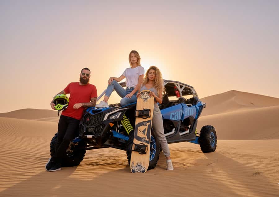 Dubai: Desert Safari, Quad Bike, Sandboarding, Camels & BBQ - Camel riding and sunset photos