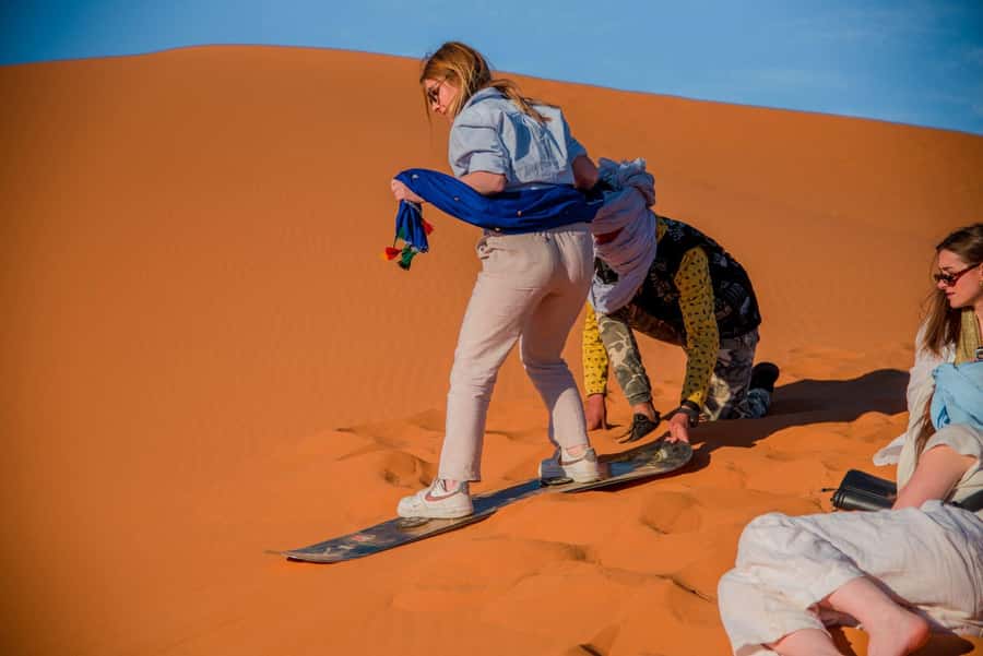 Marrakech to Fes: 3-Day Merzouga Desert Camel & Sandboarding - Riding into Erg Chebbi at sunset